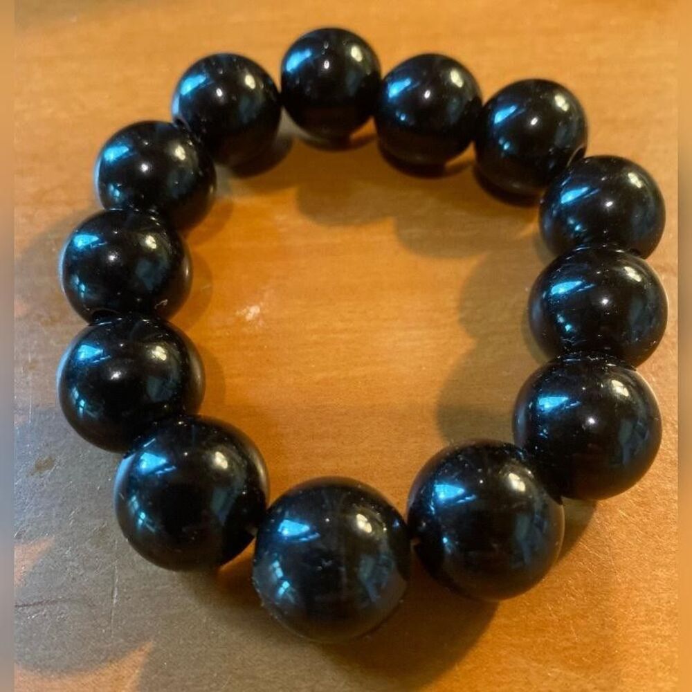 Black Beaded Stretch Bracelet Unisex Round Chunky 6.5 Inch Fashion Jewelry